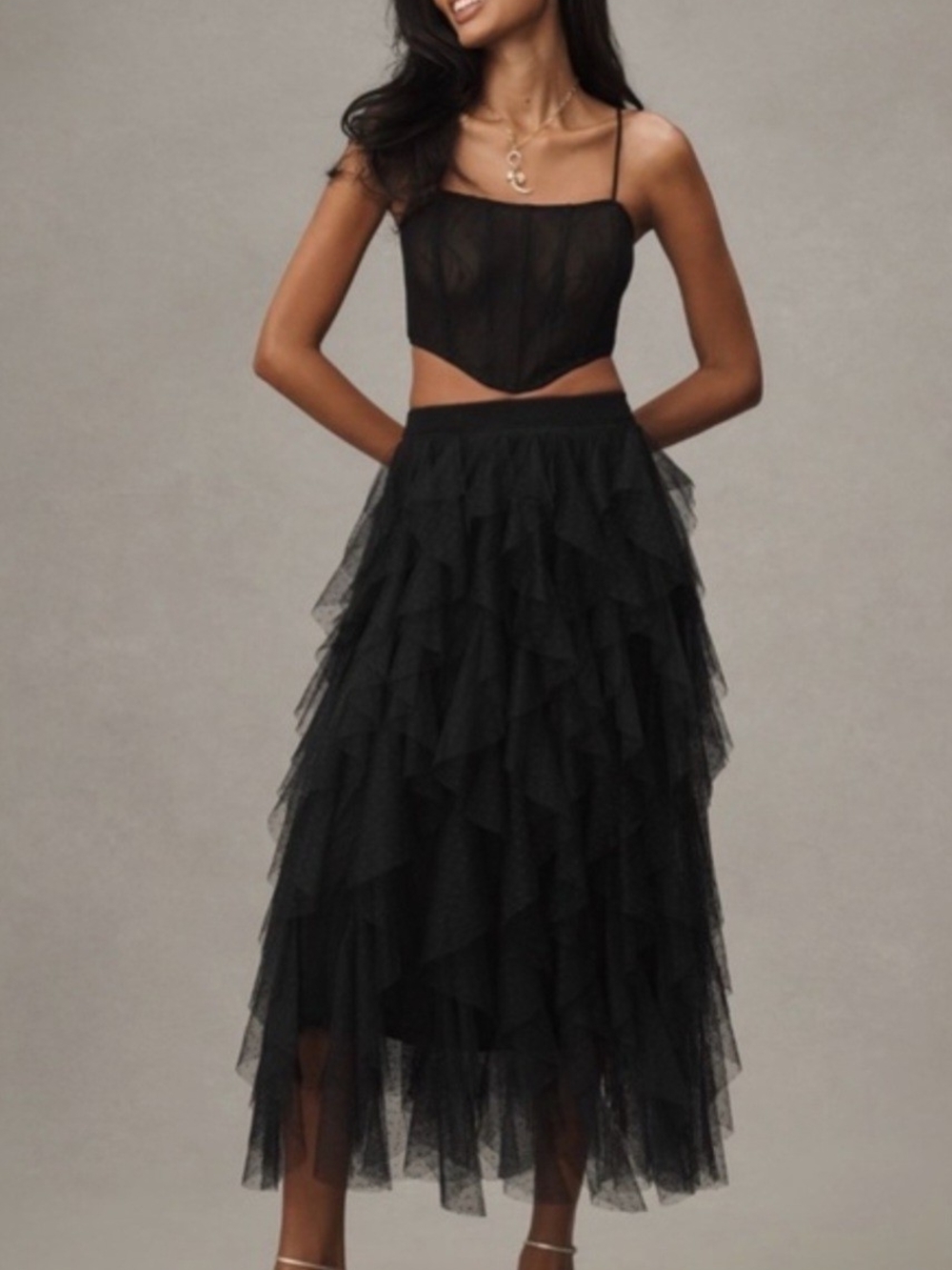 Anthropologie Black Tiered Ruffle Tulle Maxi Skirt